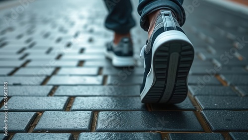 Rainy Day Walk: Close-up view of feet in sneakers walking on wet cobblestone street, capturing the essence of urban exploration and a moment of peaceful solitude. 