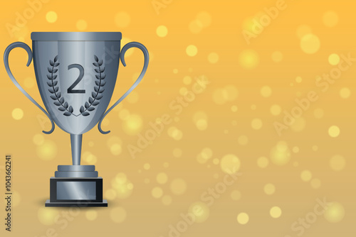 Silver cup, second place award on the side of the image against a background with bokeh effect.