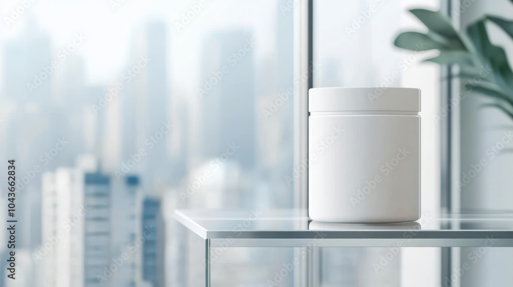 A sleek white container sits on glass table, surrounded by modern cityscape. minimalist design and urban backdrop create serene and sophisticated atmosphere