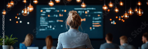 A woman in business suit is attentively watching presentation on large screen, surrounded by colleagues in modern conference room. atmosphere is focused and professional, enhanced by stylish pendant l photo