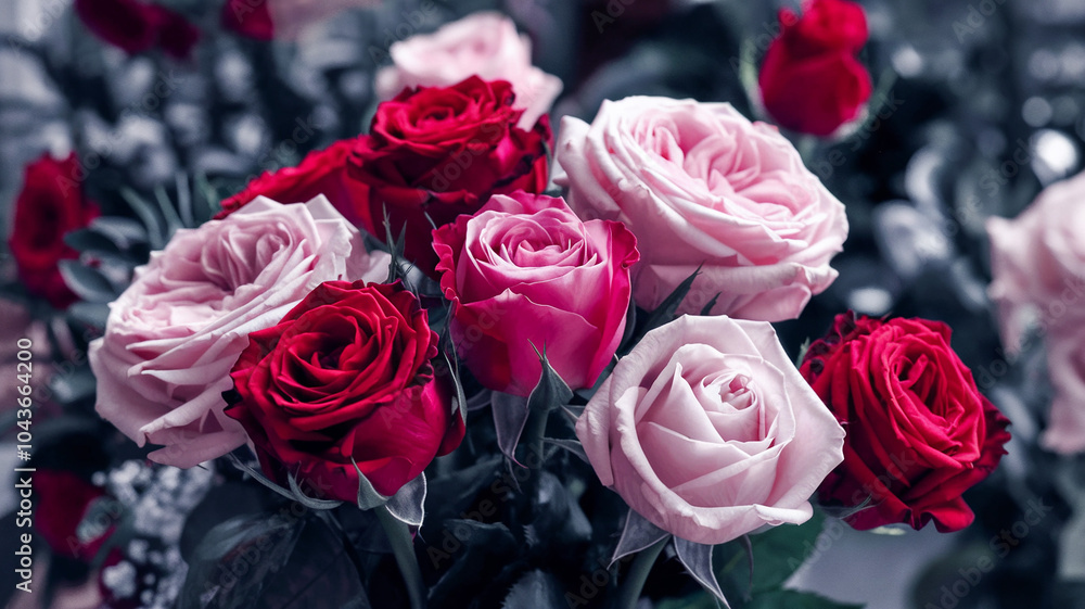 Closeup of Red and Pink Roses in Bloom