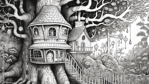 Misty Japanese Temple and Garden and Chinese Temple with Cherry Blossoms    Fairy tale castle old house sketch drawing coloring book drawing sketch illustration painting  
