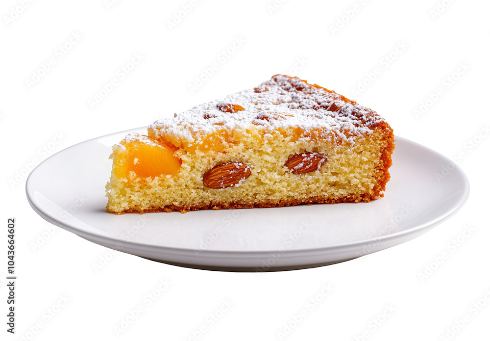 A slice of cake topped with powdered sugar and almonds on a plate. A slice of cake topped with powdered sugar and almonds on a plate.