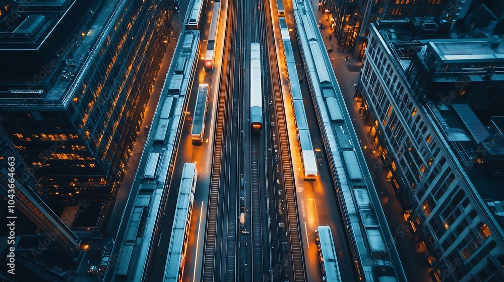 Aerial view of a train track in a city, with trains and buildings surrounding it.