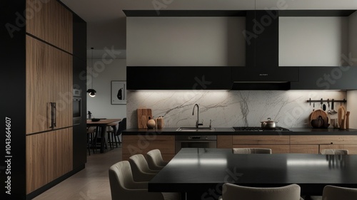 Modern kitchen with black cabinets, marble backsplash, wooden island, and a dining area with chairs.