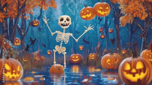 Spooky skeleton dance among halloween pumpkins