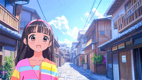Illustration of a cute anime girl standing on a traditional japanese street, copy space