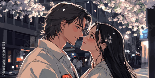 Young couple is about to kiss under a blossoming tree at night, with city lights in the background