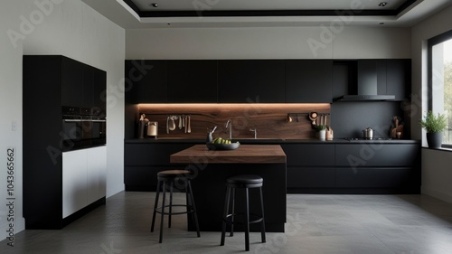 Wallpaper Mural Modern kitchen with black cabinets, wooden countertops, and a large island with bar stools. Torontodigital.ca