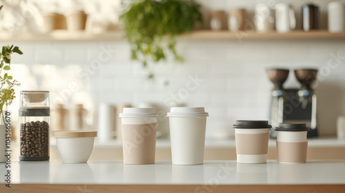 Wallpaper Mural Freshly brewed coffee cups arranged on minimalist counter, showcasing various sizes and designs. warm, inviting atmosphere highlights beauty of coffee culture Torontodigital.ca