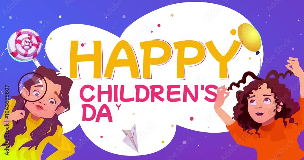 Happy Childrens Day. Moving banner with happy little children, preschoolers, balloons and text. Design element for holiday greeting card. Adorable kids. Cartoon flat animated graphics Happy Childrens Day. Moving banner with happy little children, preschoolers, balloons and text. Design element for holiday greeting card. Adorable kids. Cartoon flat animated graphics