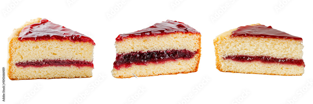Three slices of cake with jam filling and glossy topping. Three slices of cake with jam filling and glossy topping.