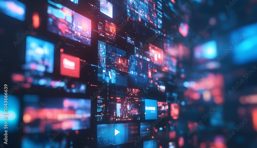 Abstract digital background with multiple screens displaying news and media content. Abstract digital background with multiple screens displaying news and media content.