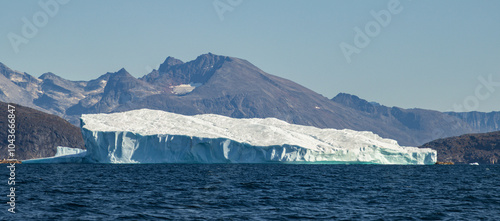 View of glaciers and icebergs in the fjords of South Greenland.