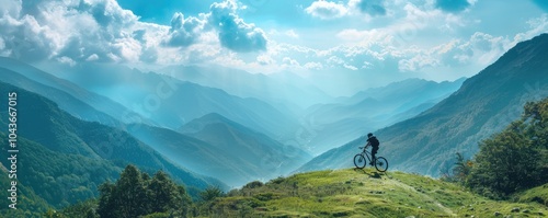 A young cyclist on a mountain bike enjoys a panoramic view of the sunset over rolling mountains, capturing the tranquility and beauty of nature during an outdoor adventure