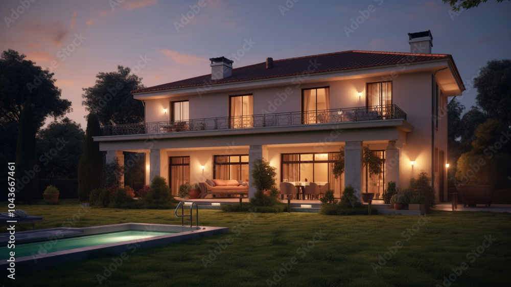 Obraz premium The facade of a traditional one-story home features an inviting porch that spans the front A luxurious 2-storey house with an impressive facade, including grand arches, large windows
