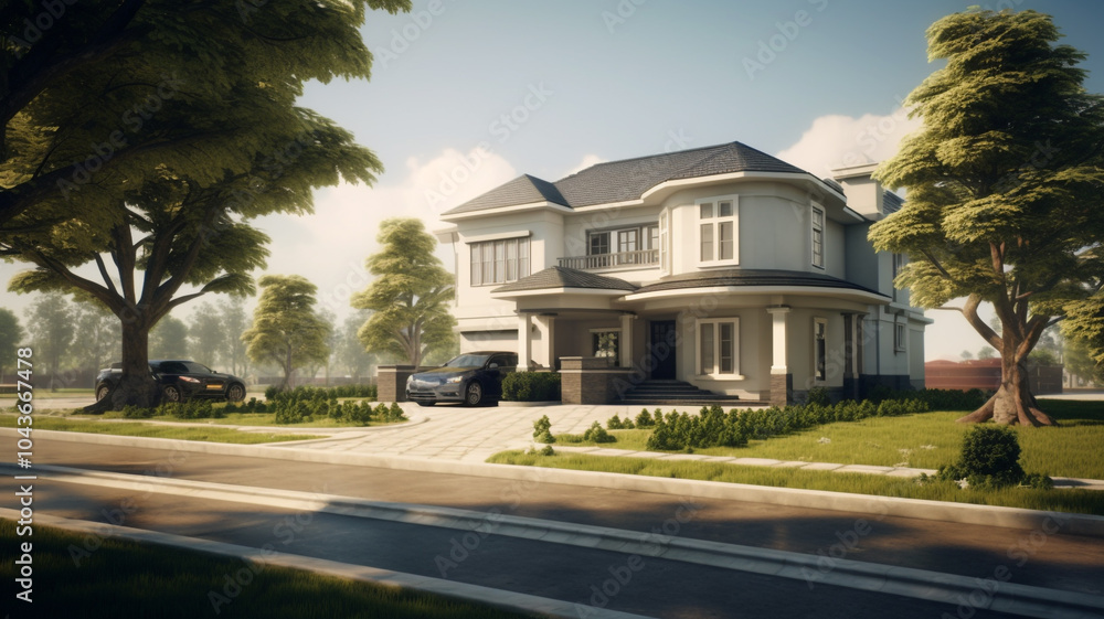 The image embodies the a charming family house nestled within a serene neighborhood. The concrete pathway leads through a lush green lawn, with a family car parked to the side The image embodies the a charming family house nestled within a serene neighborhood. The concrete pathway leads through a lush green lawn, with a family car parked to the side