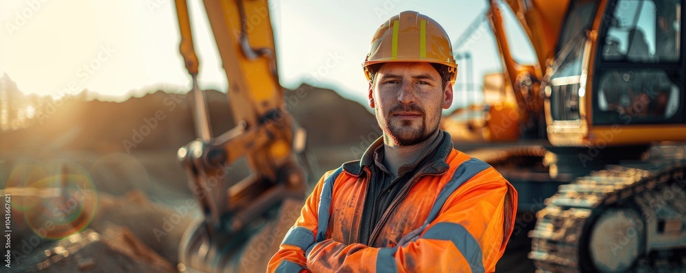 A construction worker, wearing safety gear and an orange reflective jacket, stands with arms crossed at a busy construction site with machinery in the background