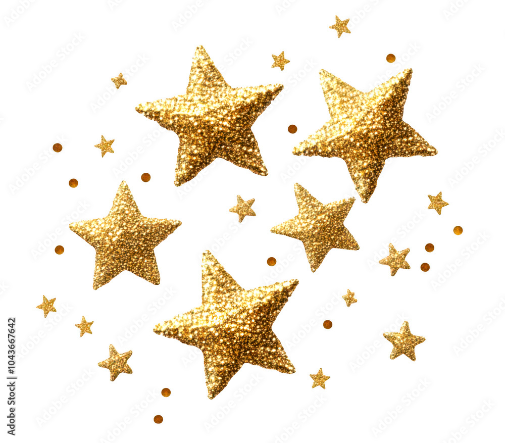 Glittering golden stars isolate on transparent background, festive designs, cutout, png Glittering golden stars isolate on transparent background, festive designs, cutout, png