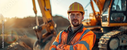 A construction worker, wearing safety gear and an orange reflective jacket, stands with arms crossed at a busy construction site with machinery in the background