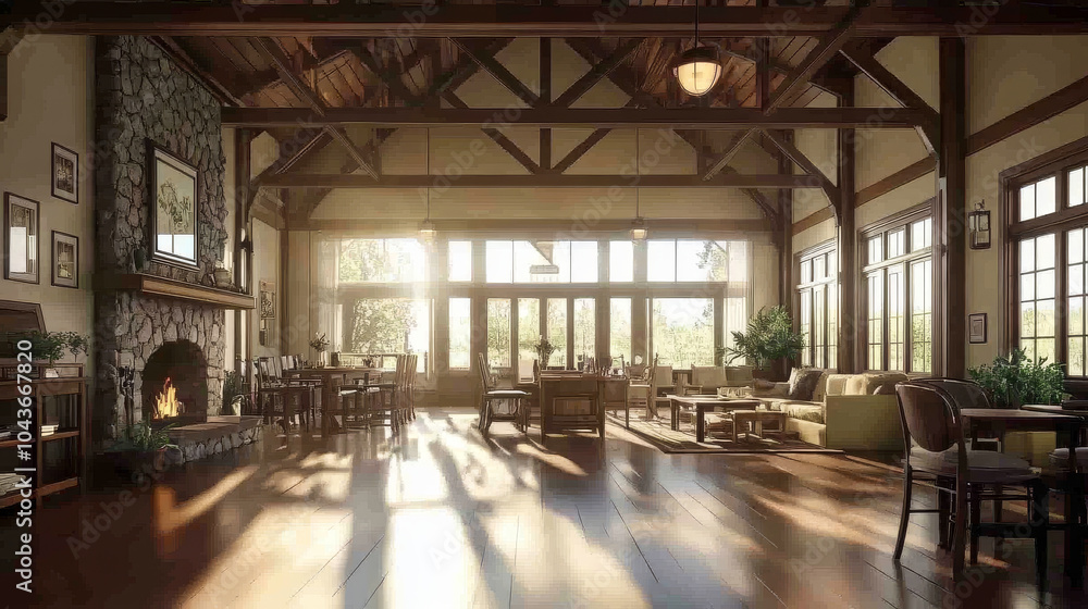 A spacious and inviting living room with high wooden ceilings, large windows, and warm sunlight streaming in. cozy atmosphere is enhanced by stone fireplace and comfortable furniture, creating perfect A spacious and inviting living room with high wooden ceilings, large windows, and warm sunlight streaming in. cozy atmosphere is enhanced by stone fireplace and comfortable furniture, creating perfect