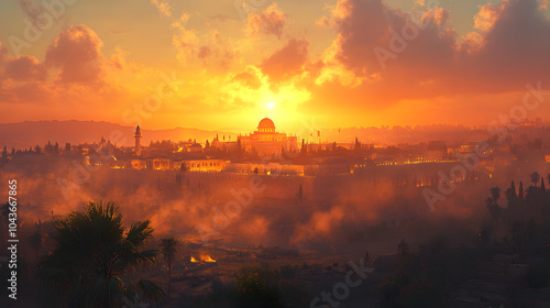Ancient Jerusalem at dawn on Easter morning, view from Mount of Olives, Temple Mount, historical accuracy