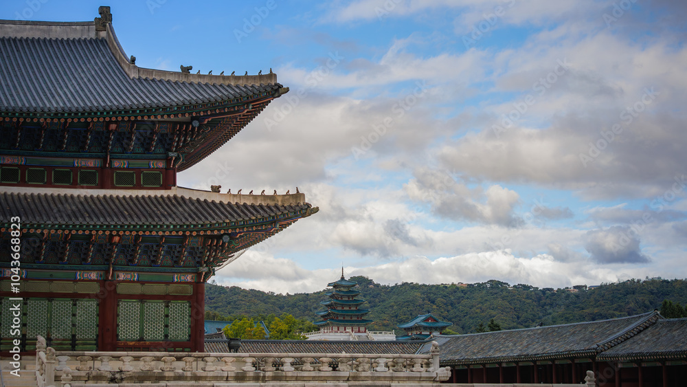 This is a view of Gyeongbokgung Palace, an ancient Korean royal palace and traditional architecture in Seoul. This is a view of Gyeongbokgung Palace, an ancient Korean royal palace and traditional architecture in Seoul.