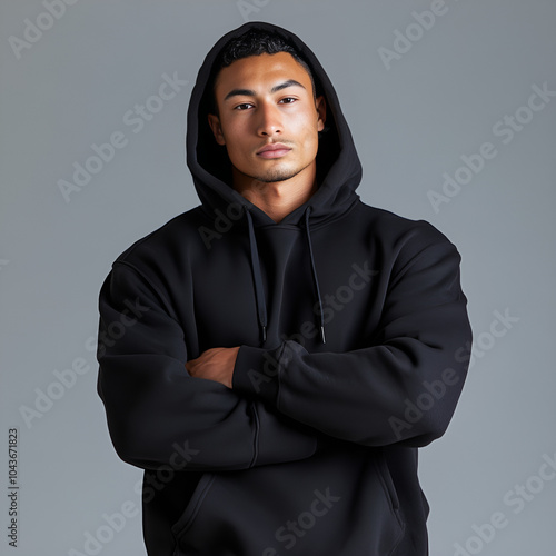 A male model wearing an hoodie stands with his arms crossed against a gray background, Generative AI