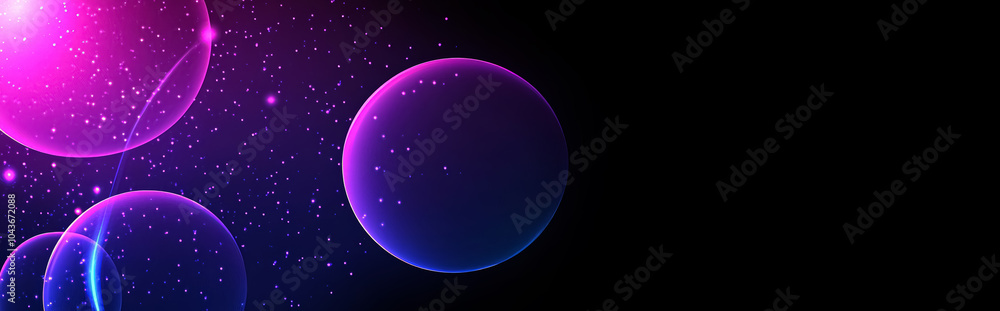 Obraz premium Abstract luminous light effect circles on dark background, sparkles and light lines in pink, purple and blue color. Science, universe, futuristic digital technologies background.