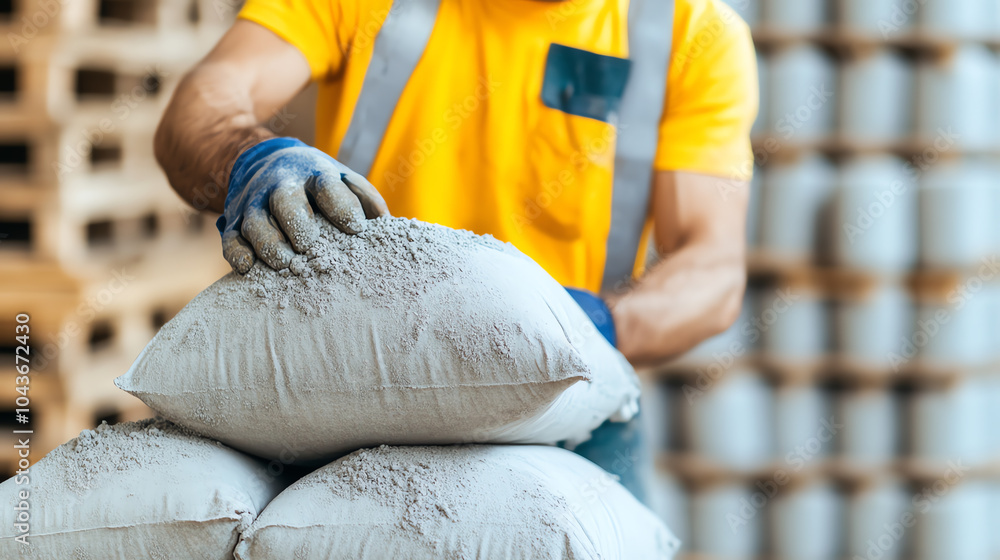 A worker in a yellow shirt stacking bags of cement, showcasing labor in a construction environment, focused and diligent.