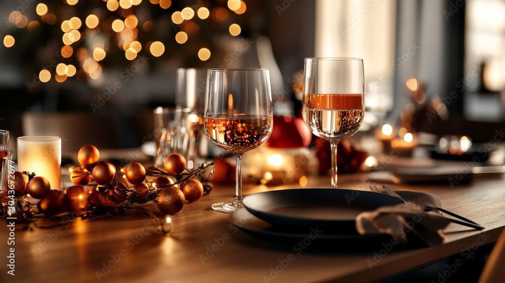 A beautifully set dining table adorned with elegant glassware and festive decorations, creating warm and inviting atmosphere for holiday celebration A beautifully set dining table adorned with elegant glassware and festive decorations, creating warm and inviting atmosphere for holiday celebration