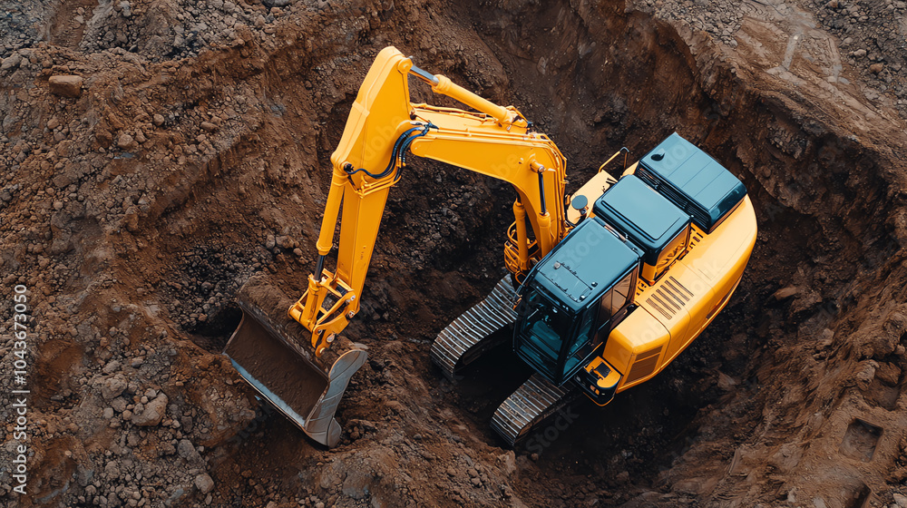 Aerial view of an excavator digging in a construction site, showcasing heavy machinery in action among dirt and soil. Aerial view of an excavator digging in a construction site, showcasing heavy machinery in action among dirt and soil.