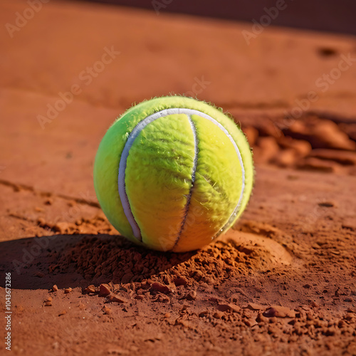 Close-up of a yellow tennis ball in mid-air, flying over a red clay court surface. Ai generative