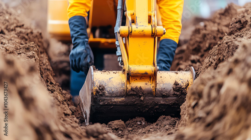 Close-up view of a digging machine working in the ground, showcasing the machinery in action amidst dirt and soil. photo