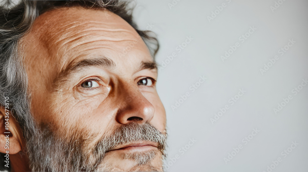 Close-up side profile of a thoughtful mature man with gray hair and beard, looking away, isolated on light background
Close-up side profile of a thoughtful mature man with gray hair and beard, looking away, isolated on light background
