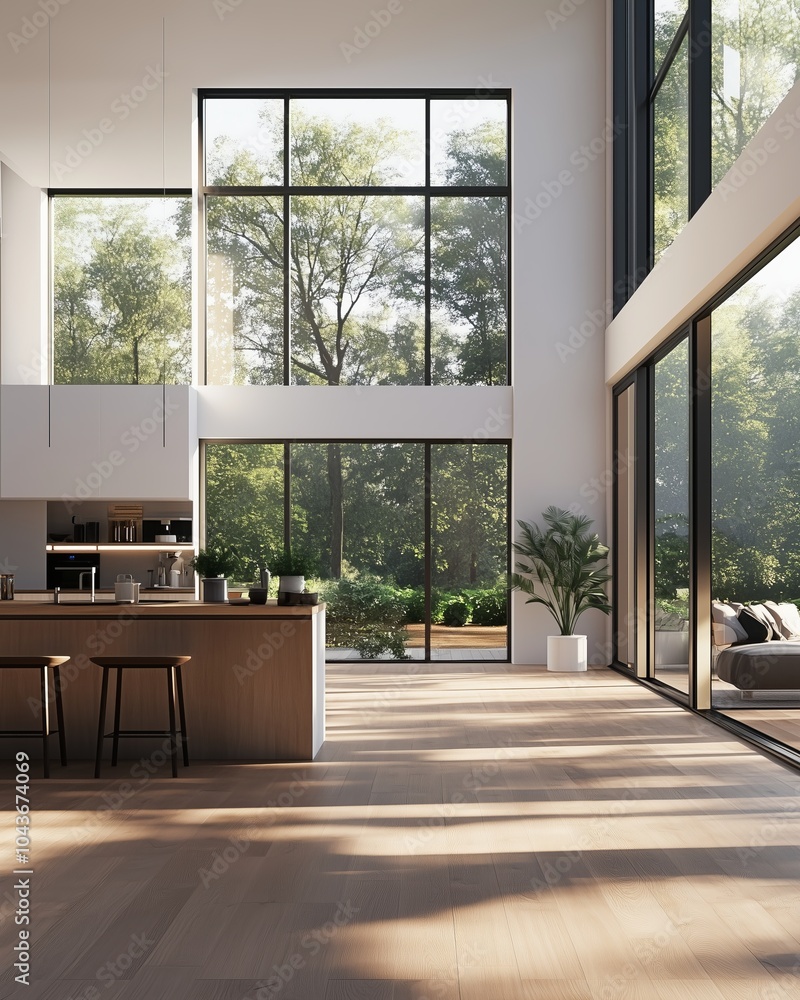 Fototapeta premium Modern Open-Concept Kitchen with Large Glass Windows Overlooking Nature, Sunlit Minimalist Interior Design for Homes, Real Estate, and Architecture, Perfect for Contemporary Living Spaces and Interior