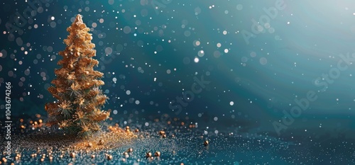 A Golden Christmas Tree Against a Blue Glitter Background