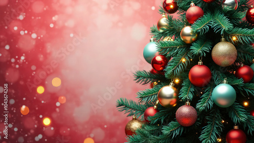 Vibrant and festive holiday scene, with a beautifully decorated Christmas tree covered in colorful ornaments and shimmering baubles, set against a bright red and white background