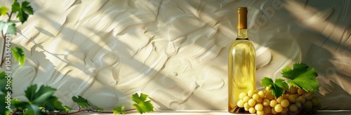White Wine Bottle and Grapes Against a White Wall With Sunlight