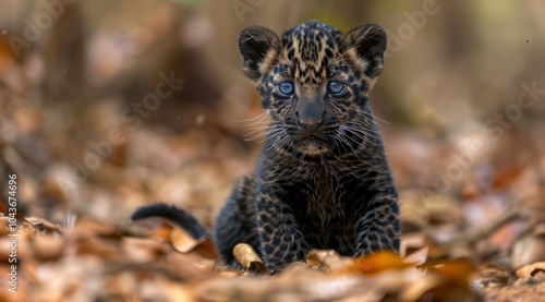 A Black Panther Cub With Striking Blue Eyes Resting Among Fallen Leaves in th...
