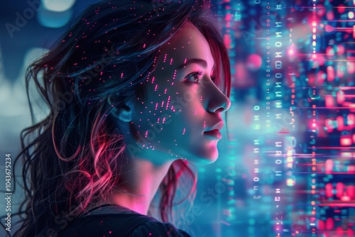 Woman Gazing Through Window With Neon Lights and Digital Patterns