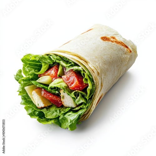 Fresh and healthy wrap filled with lettuce and strawberries, presented with an isolated white background.