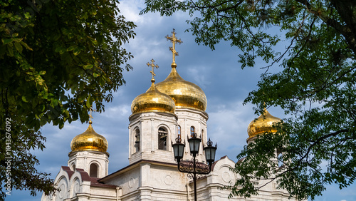 a beautiful Orthodox church. a stone temple. domes