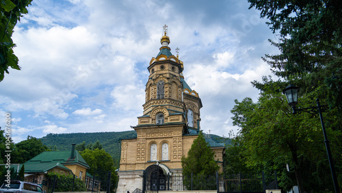 a beautiful Orthodox church. a stone temple. domes