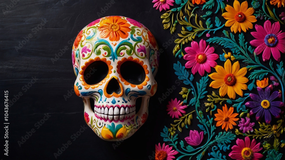 ornate sugar skull on chalkboard for dia de los muertos intricate floral patterns with vibrant colors popping against dark background ornate sugar skull on chalkboard for dia de los muertos intricate floral patterns with vibrant colors popping against dark background
