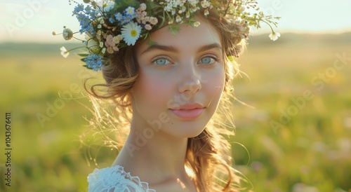 Woman With Flower Crown In Field At Sunset