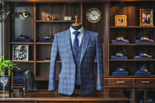 Luxurious men’s fashion boutique displaying a wide selection of tailored suits and formal wear with elegant shelving and organized racks of high end men’s clothing