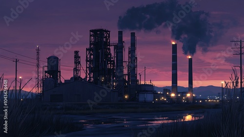 A silhouette of an industrial complex with tall smokestacks emitting smoke against a vibrant pink and purple sunset sky, reflected in a puddle of water in the foreground.