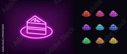 Outline neon cake piece icon set. Glowing neon cake slice with cream on plate, chocolate pie. Festive sweet dessert, birthday cake, cheesecake piece, holiday pie slice, sweet bakery. Vector icons