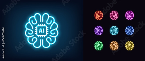 Outline neon AI brain icon set. Glowing neon human brain with integrated AI chip, artificial intelligence algorithms. Artificial mind, machine learning, data analysis system, digital education. Vector